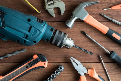 Tools laid out on a wooden table